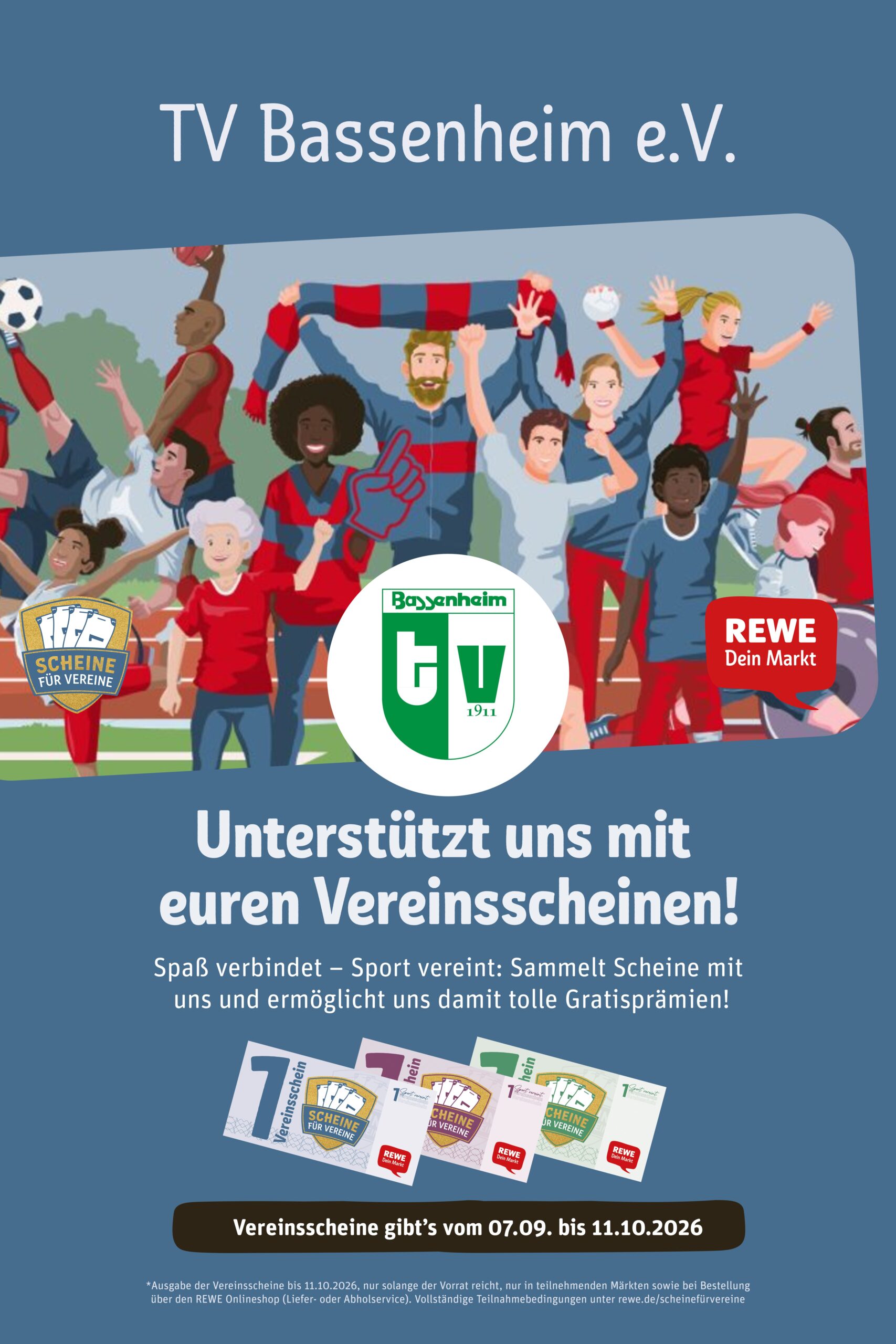 Abbildung des vertikalen Widget im Scheine-für-Vereine-Design und mit REWE und Scheine-für-Vereine Logo, Vereinsscheinen und dem Text: Sammelt alle mit, den Sport vereint! Unterstützt uns bei Scheine für Vereine: Pro 15 € Einkaufswert gibt`s 1 Vereinsschein gratis.* Aufforderung mit dem Text: Zu unserer Aktionsseite Sternchen-Text: Ausgabe der Vereinsscheine bis 22.06.2025, nur solange der Vorrat reicht, nur in teilnehmenden Märkten sowie bei Bestellung über den REWE Onlineshop (Liefer- oder Abholservice). Vollständige Teilnahmebedingungen unter rewe.de/scheinefürvereine